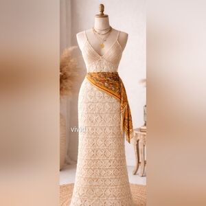 Anthropologie Handmade Diamond Crochet Knit Lined Dress Ivory Medium/Large NWT$